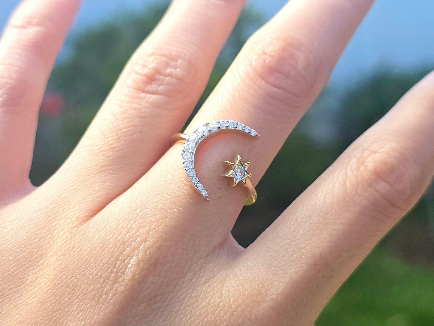 14K Solid Yellow Gold Large Moon and Mini Star Ring Band with CZ Stones