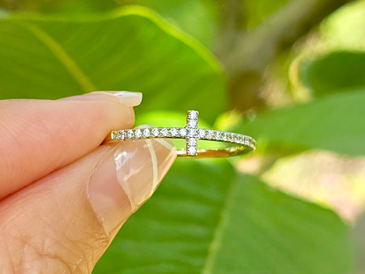 14K Solid Yellow Gold Cross and Heart Two Sided Ring Band with CZ Stones