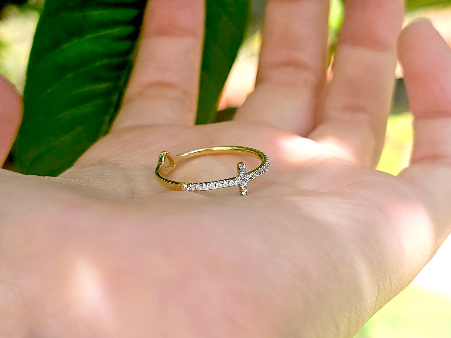 14K Solid Yellow Gold Cross and Heart Two Sided Ring Band with CZ Stones