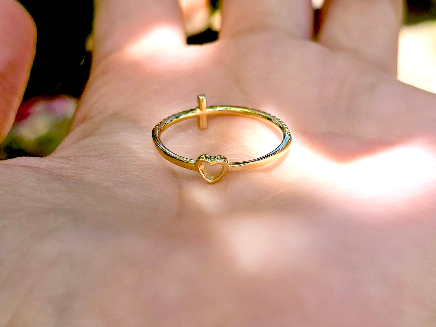 14K Solid Yellow Gold Cross and Heart Two Sided Ring Band with CZ Stones