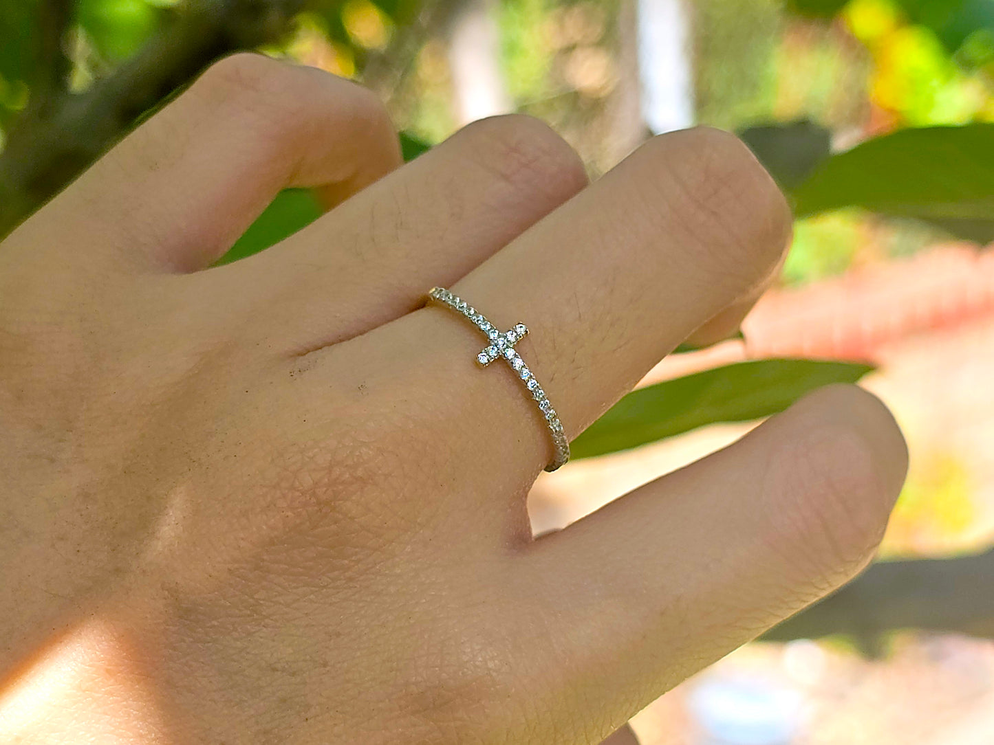 14K Solid Yellow Gold Cross and Heart Two Sided Ring Band with CZ Stones