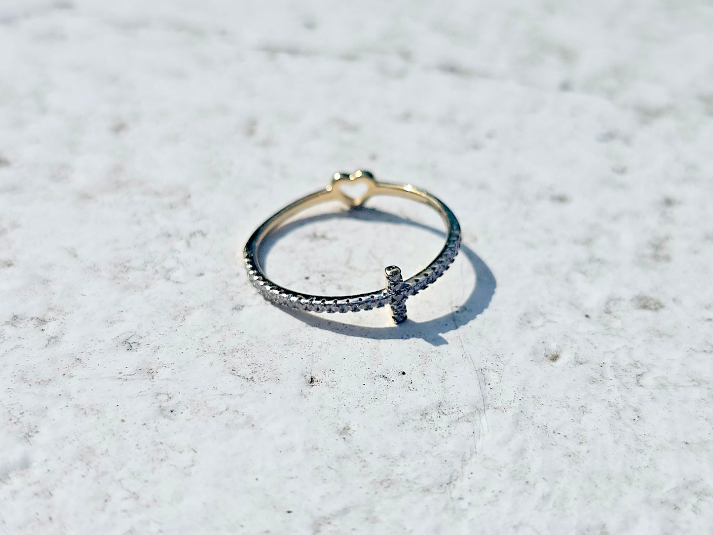 14K Solid Yellow Gold Cross and Heart Two Sided Ring Band with CZ Stones