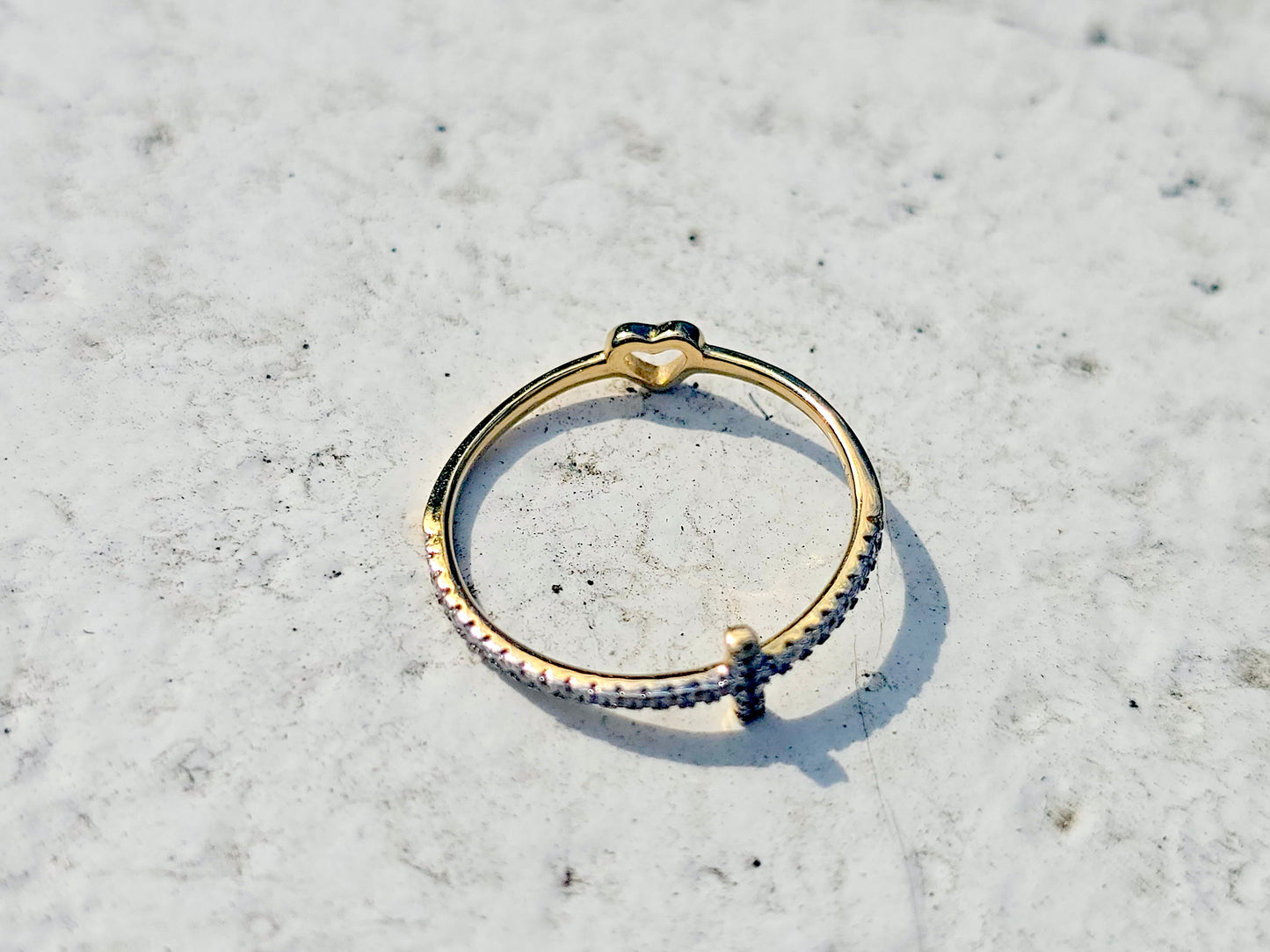 14K Solid Yellow Gold Cross and Heart Two Sided Ring Band with CZ Stones