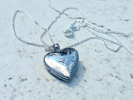 925 Sterling Silver Diamond Heart Locket Pendant with Engraved Star