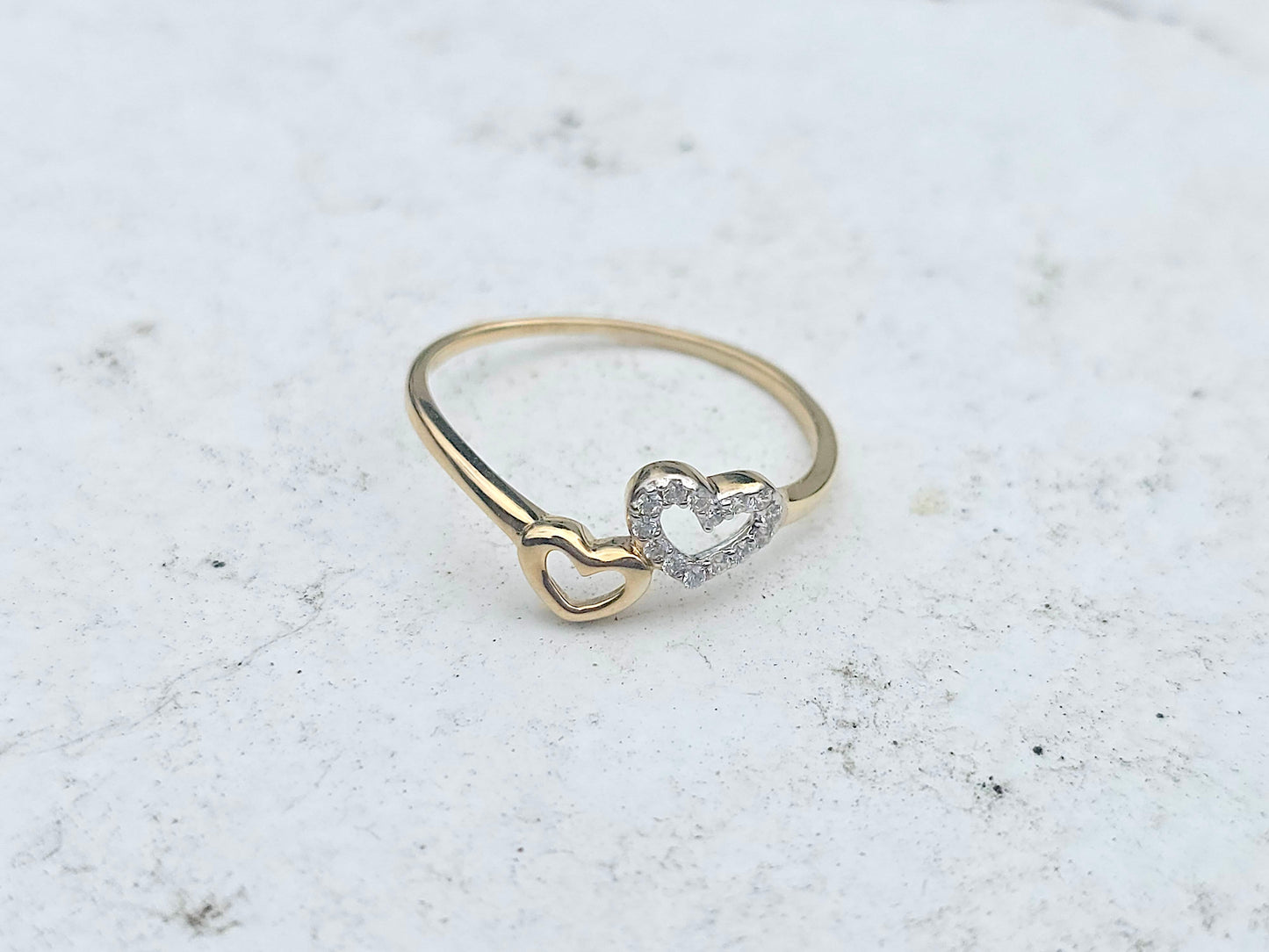14K Solid Yellow Gold Two Hearts Ring Band with CZ Stones
