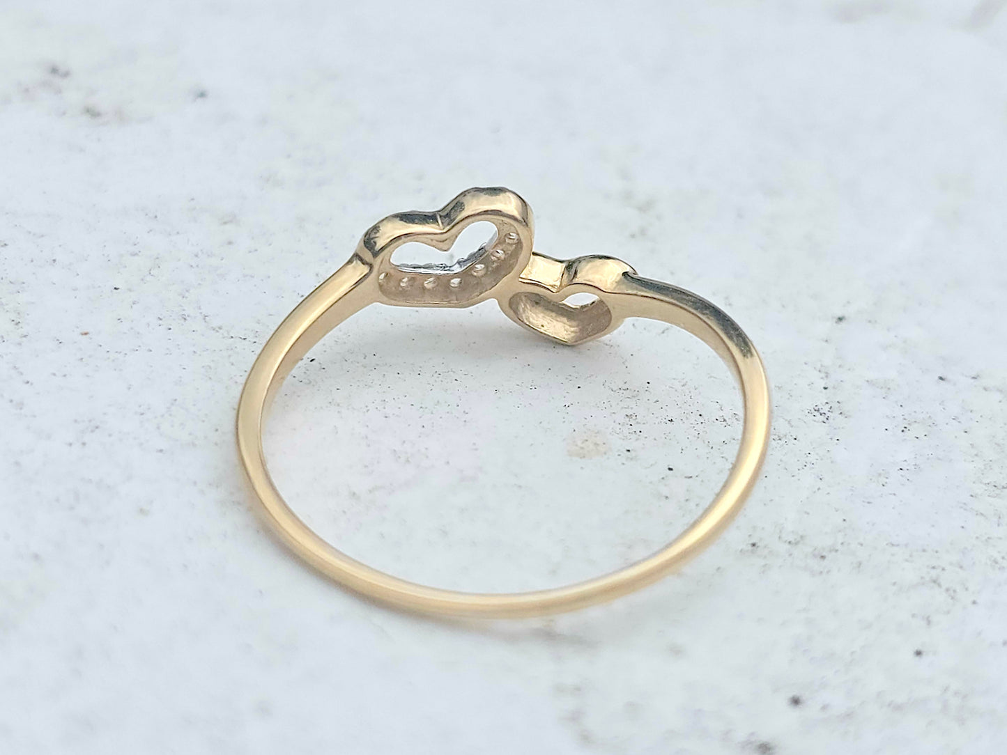 14K Solid Yellow Gold Two Hearts Ring Band with CZ Stones