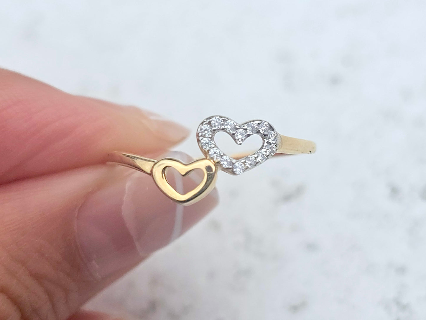 14K Solid Yellow Gold Two Hearts Ring Band with CZ Stones