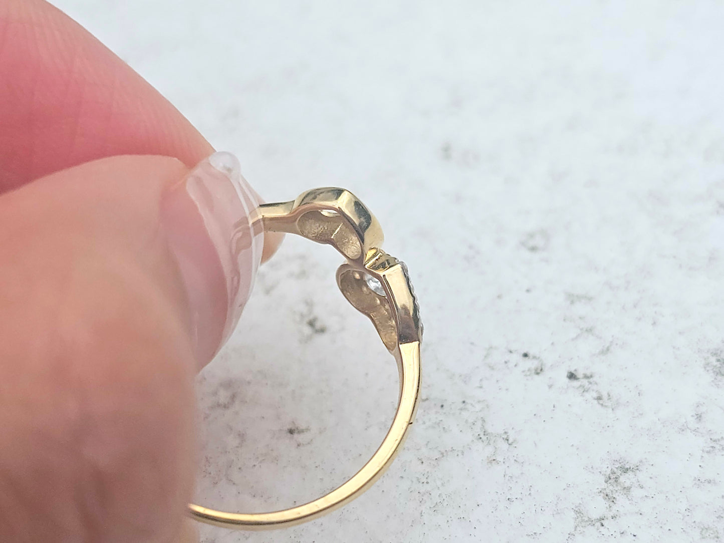 14K Solid Yellow Gold Two Hearts Ring Band with CZ Stones