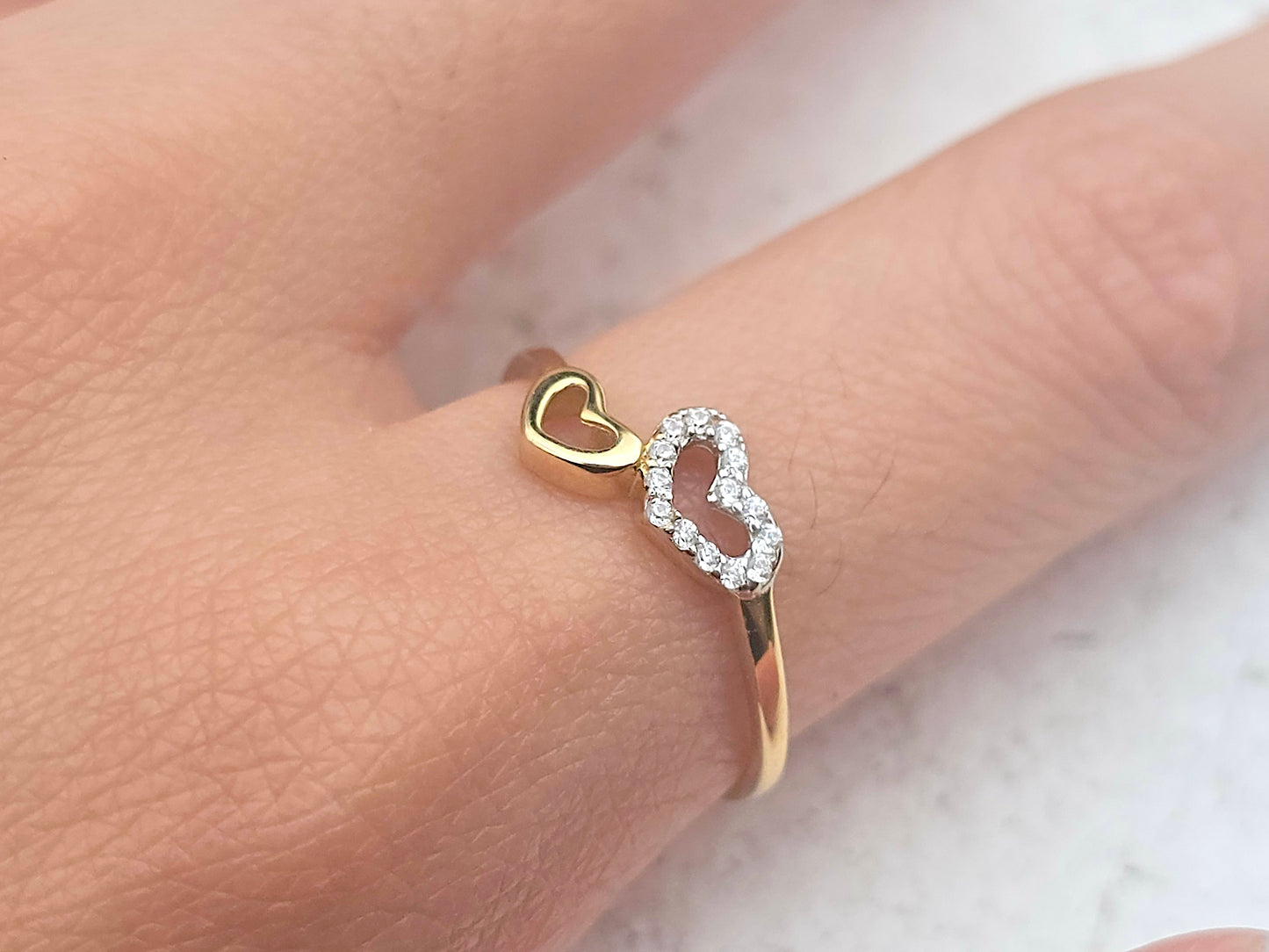 14K Solid Yellow Gold Two Hearts Ring Band with CZ Stones