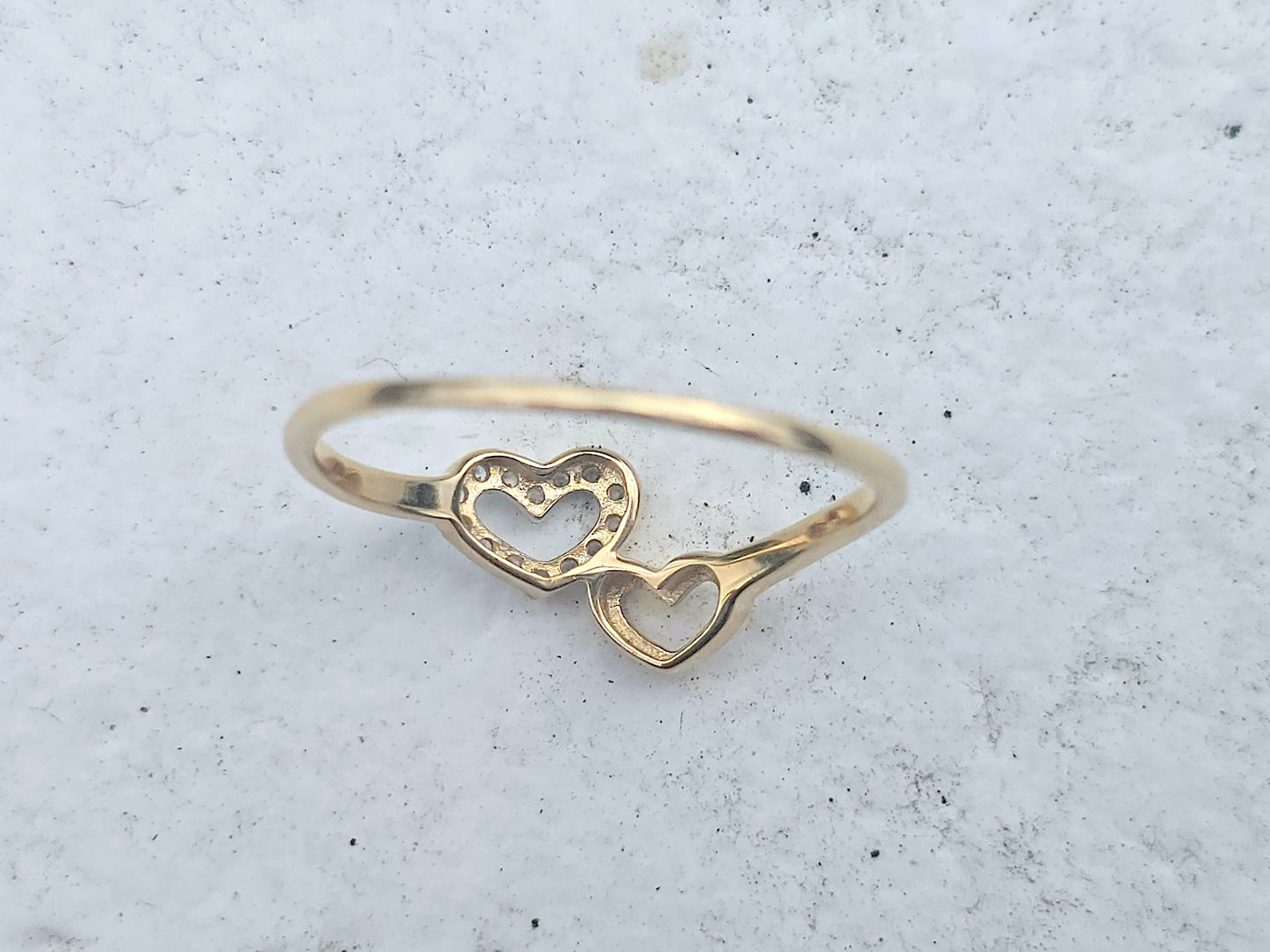14K Solid Yellow Gold Two Hearts Ring Band with CZ Stones