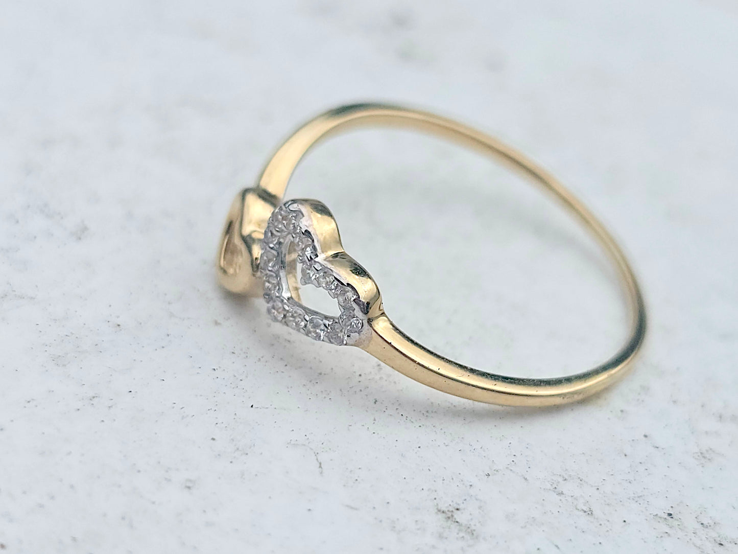 14K Solid Yellow Gold Two Hearts Ring Band with CZ Stones