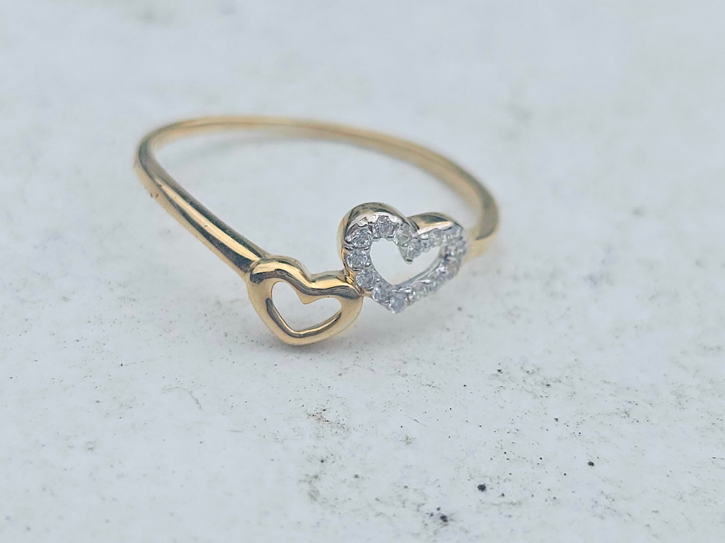 14K Solid Yellow Gold Two Hearts Ring Band with CZ Stones