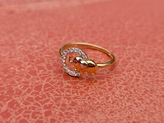 14K Solid Yellow Gold Elephant in a Circle Ring Band with CZ Stone