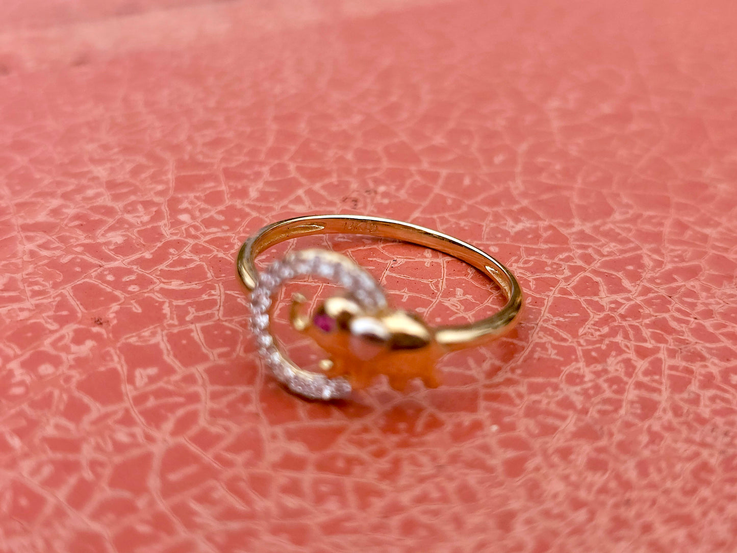 14K Solid Yellow Gold Elephant in a Circle Ring Band with CZ Stone