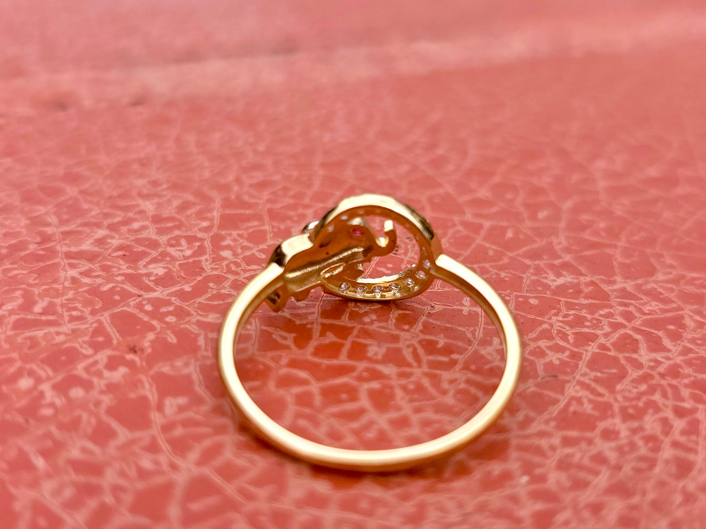 14K Solid Yellow Gold Elephant in a Circle Ring Band with CZ Stone