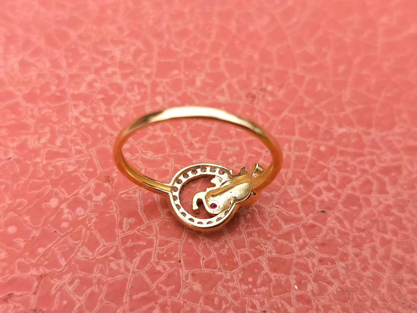14K Solid Yellow Gold Elephant in a Circle Ring Band with CZ Stone