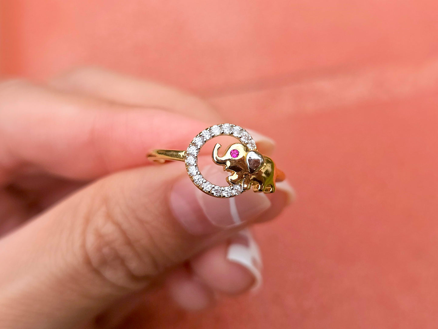 14K Solid Yellow Gold Elephant in a Circle Ring Band with CZ Stone