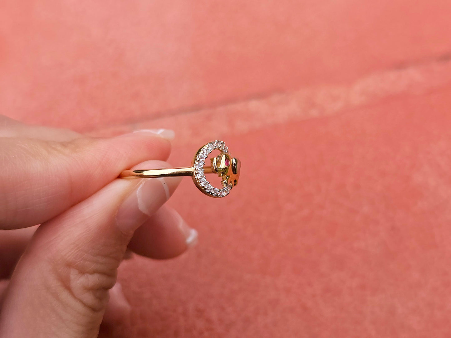 14K Solid Yellow Gold Elephant in a Circle Ring Band with CZ Stone