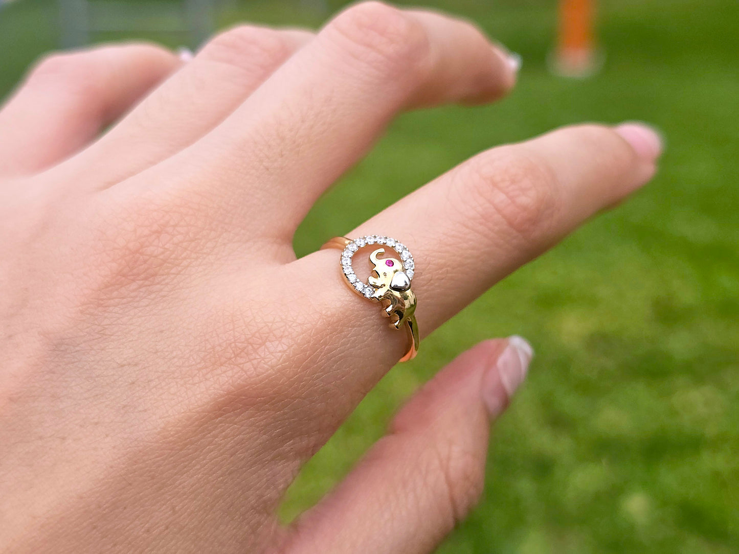 14K Solid Yellow Gold Elephant in a Circle Ring Band with CZ Stone