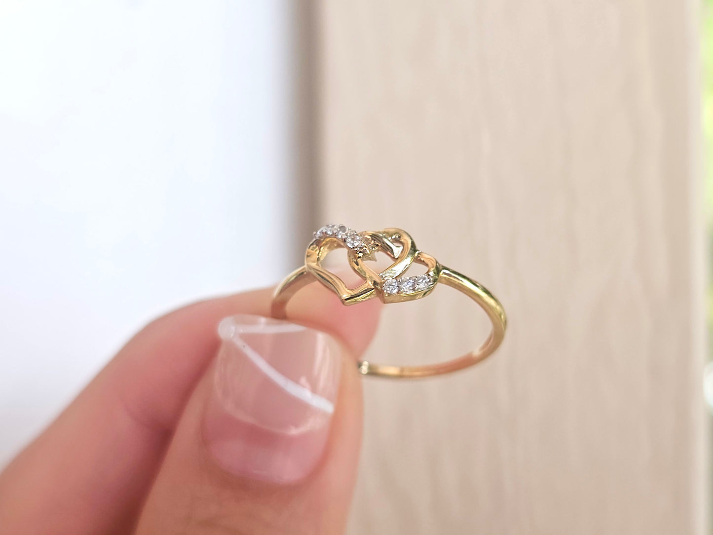 14K Solid Yellow Gold Two Hearts Interlocked Ring Band with CZ Stones