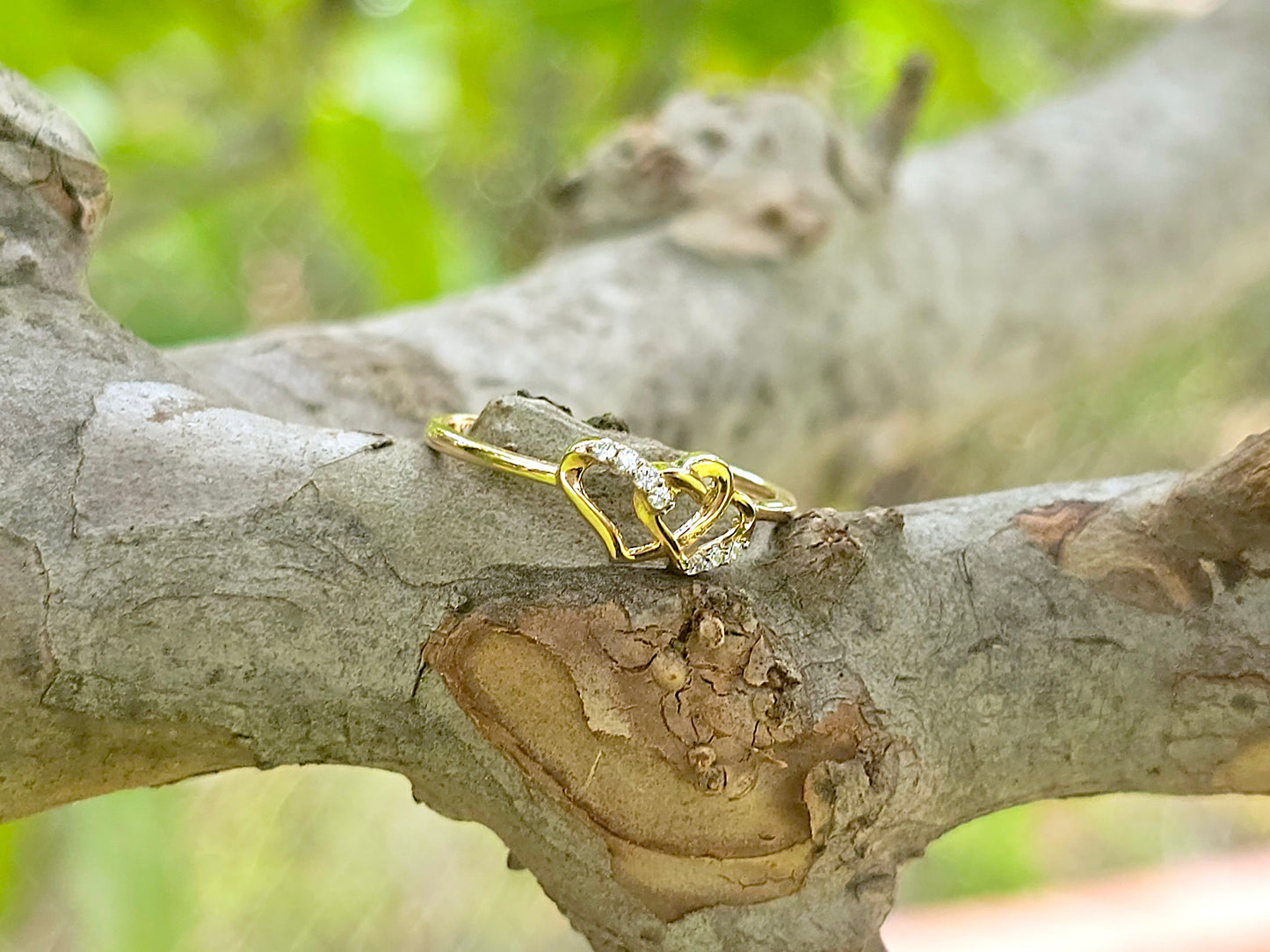 14K Solid Yellow Gold Two Hearts Interlocked Ring Band with CZ Stones