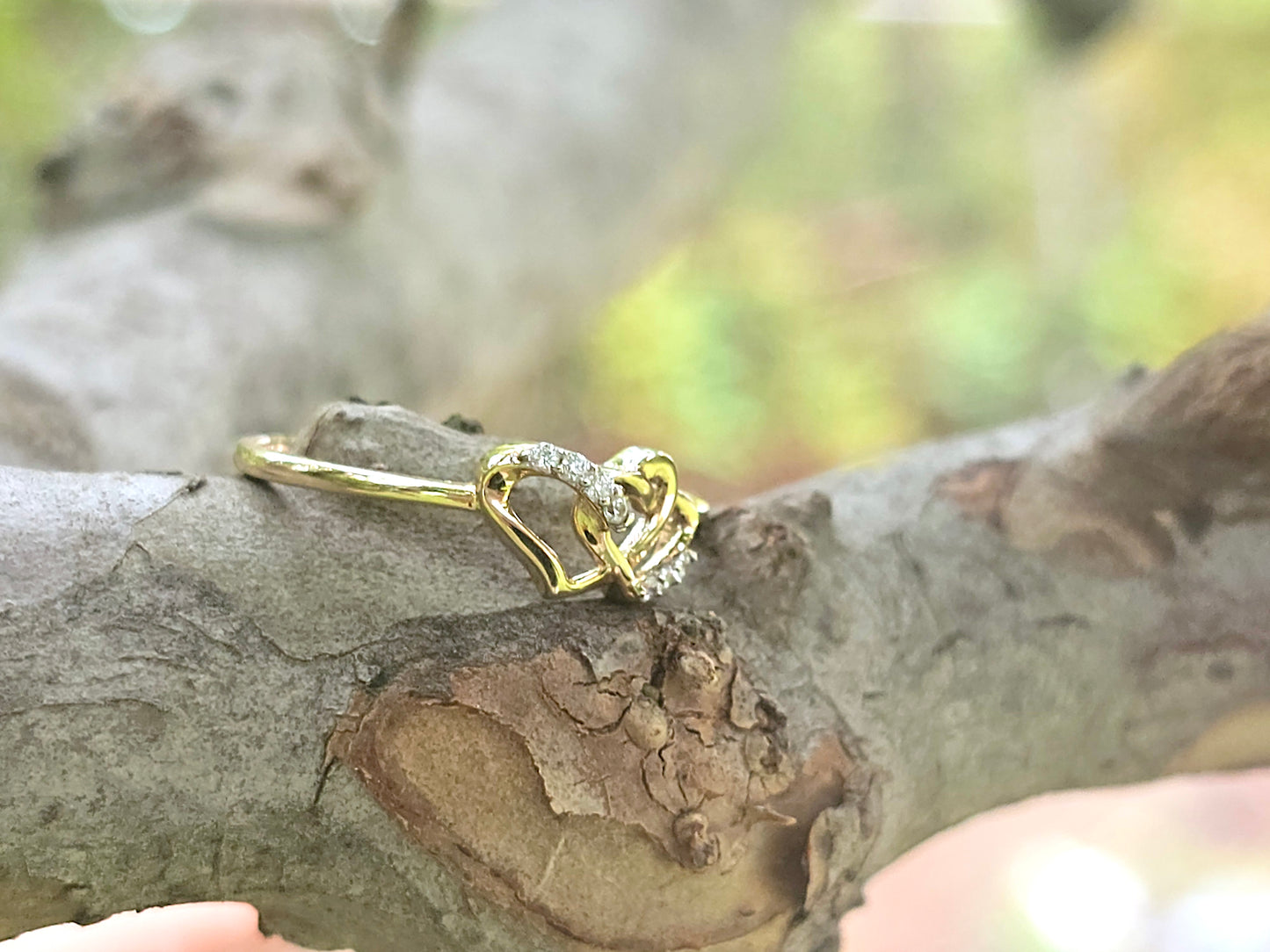 14K Solid Yellow Gold Two Hearts Interlocked Ring Band with CZ Stones