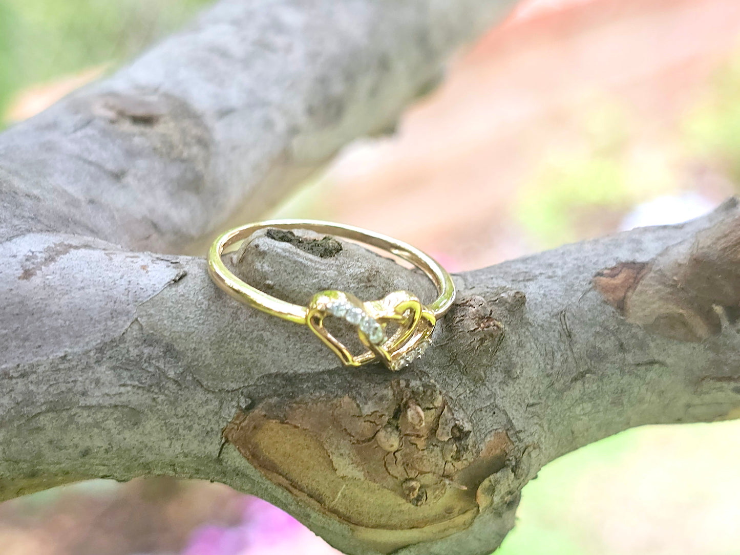 14K Solid Yellow Gold Two Hearts Interlocked Ring Band with CZ Stones