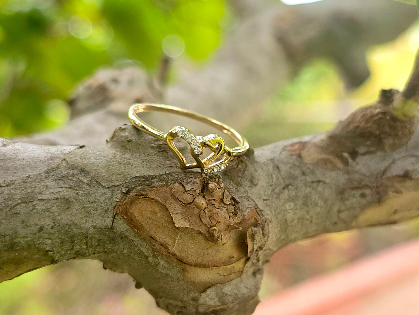 14K Solid Yellow Gold Two Hearts Interlocked Ring Band with CZ Stones