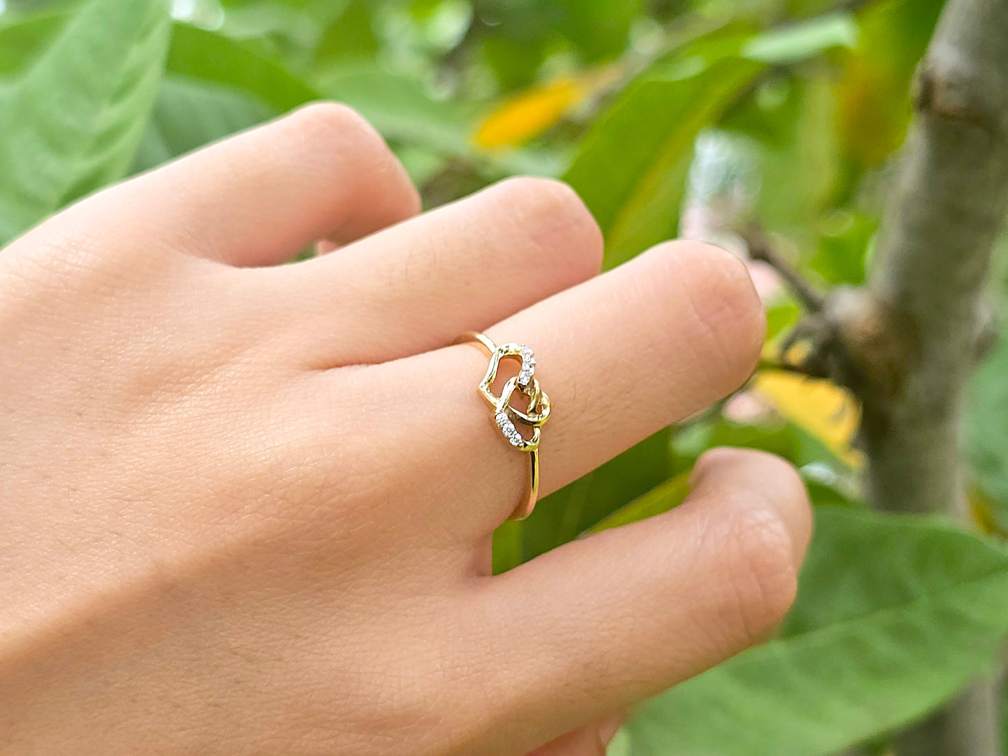 14K Solid Yellow Gold Two Hearts Interlocked Ring Band with CZ Stones