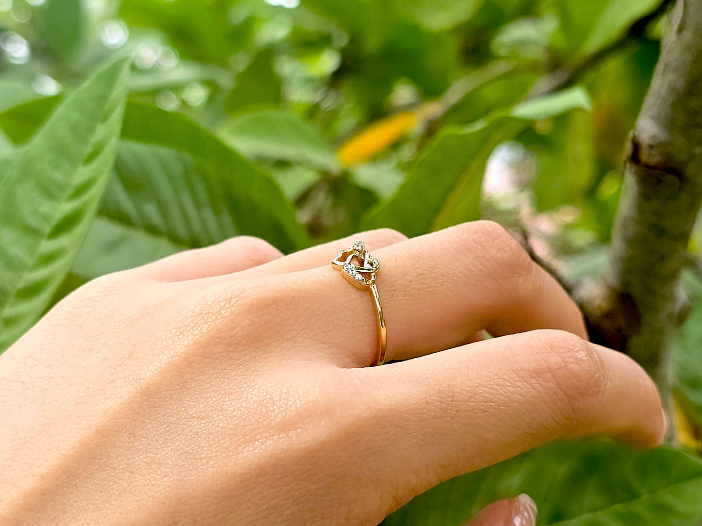 14K Solid Yellow Gold Two Hearts Interlocked Ring Band with CZ Stones