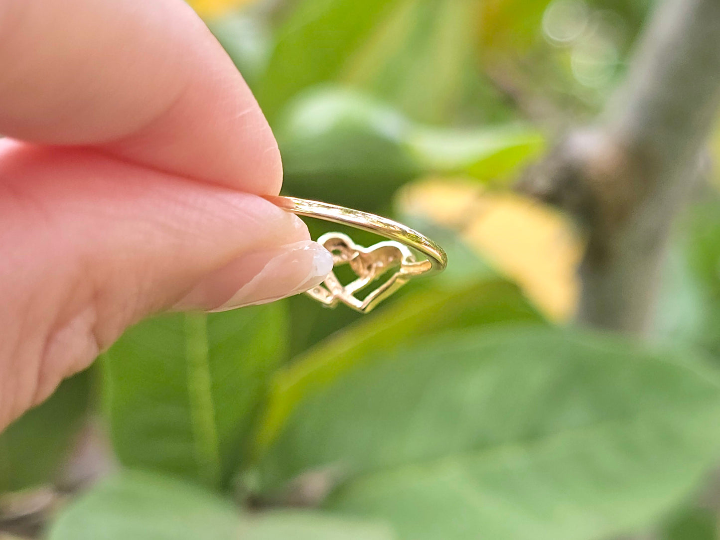 14K Solid Yellow Gold Two Hearts Interlocked Ring Band with CZ Stones