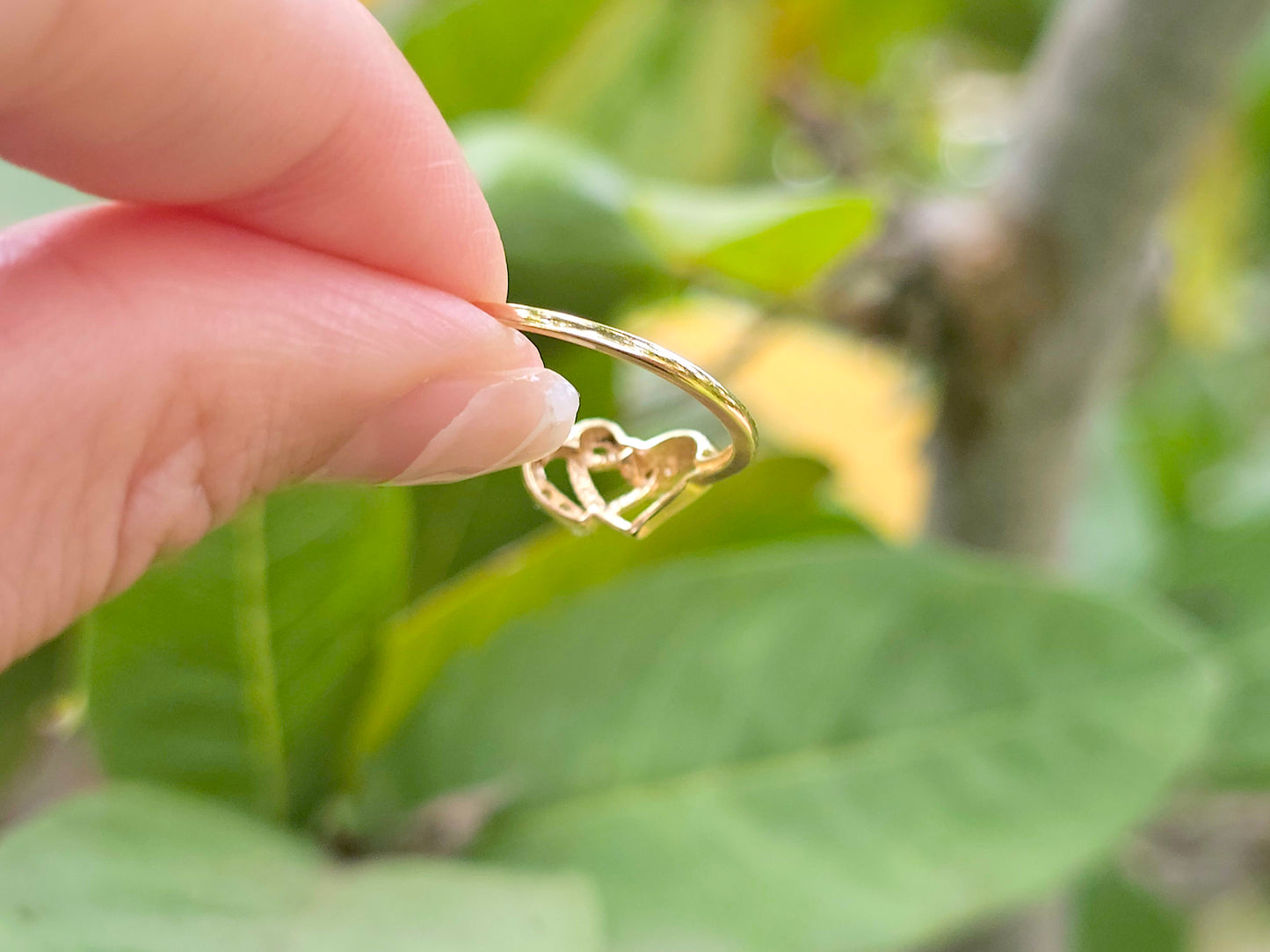 14K Solid Yellow Gold Two Hearts Interlocked Ring Band with CZ Stones