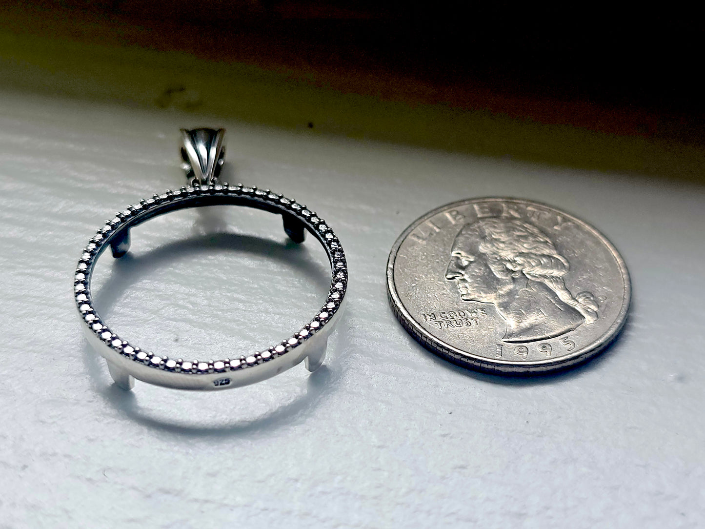 925 Sterling Silver Prong Back Illusion Edge Bezel for 24mm Quarters 25 Cents Coins