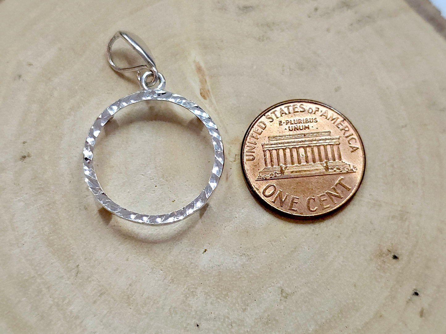 925 Sterling Silver Prong Back Diamond Cut Bezel for 19mm Penny 1 Cent Coins