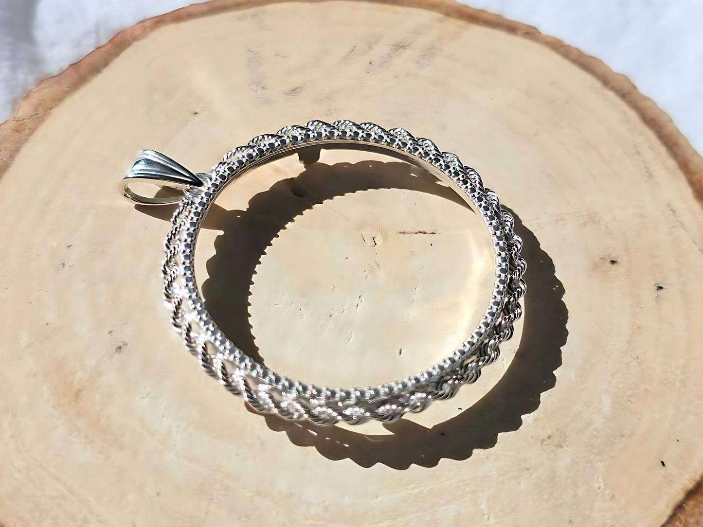 925 Sterling Silver Prong Back Illusion Rope Bezel for 34mm Mexican 1 Peso Coins