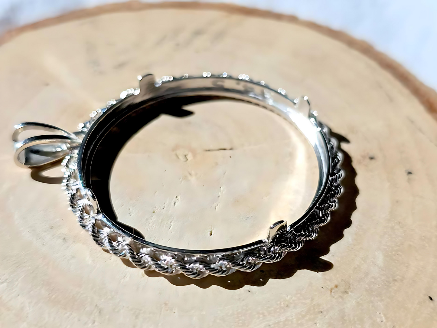 925 Sterling Silver Prong Back Illusion Rope Bezel for 34mm Mexican 1 Peso Coins