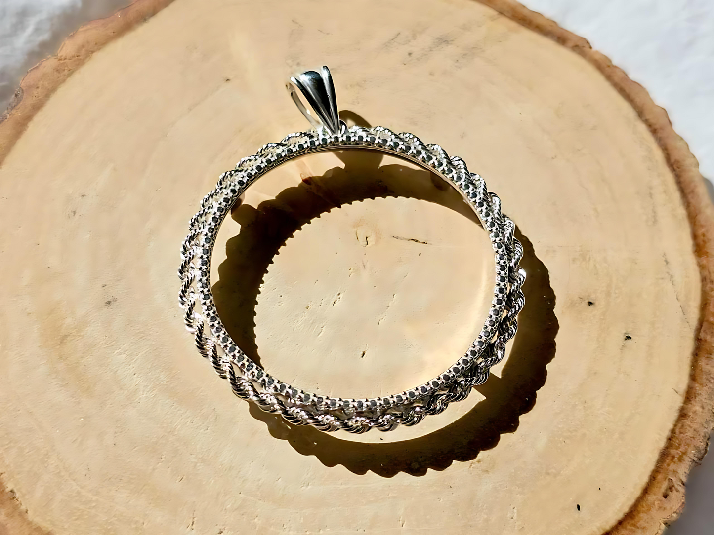 925 Sterling Silver Prong Back Illusion Rope Bezel for 34mm Mexican 1 Peso Coins