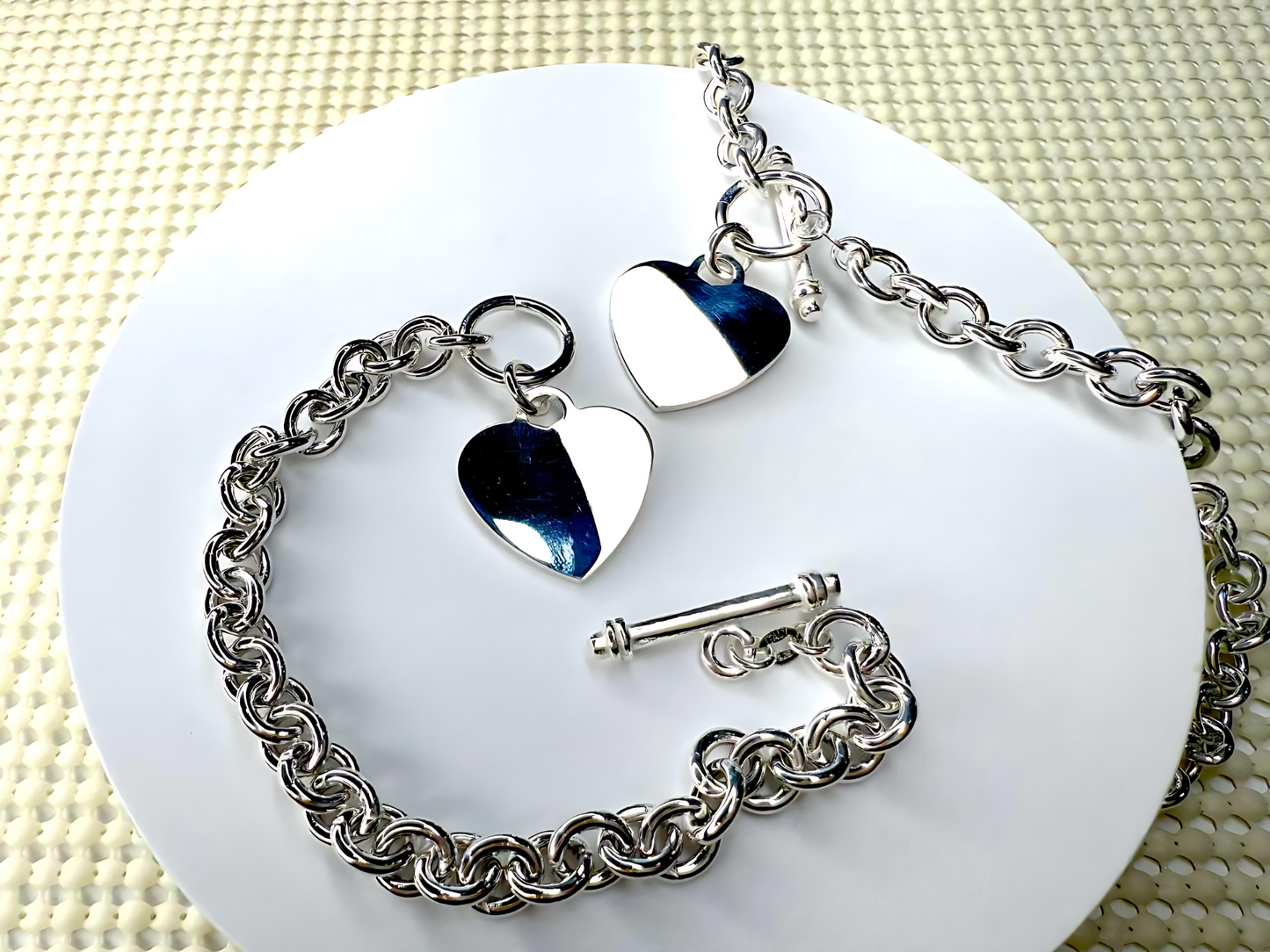 925 Sterling Silver 7.5mm Hollow Oval Links Bracelet Necklace with Heart Tag