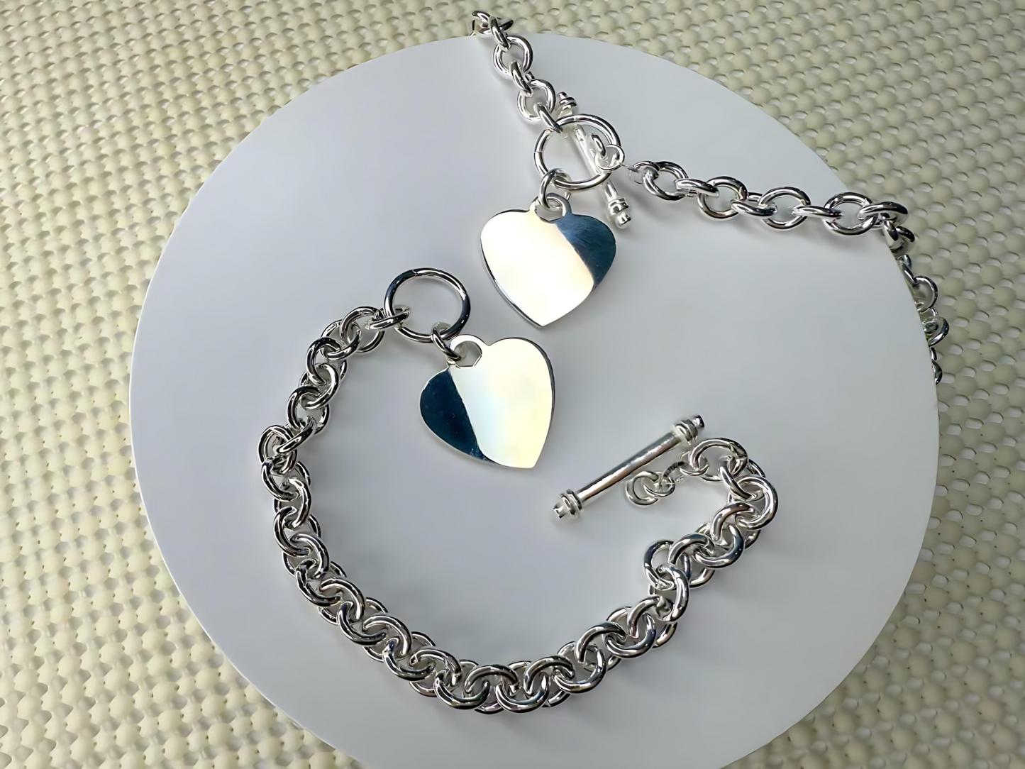 925 Sterling Silver 7.5mm Hollow Oval Links Bracelet Necklace with Heart Tag