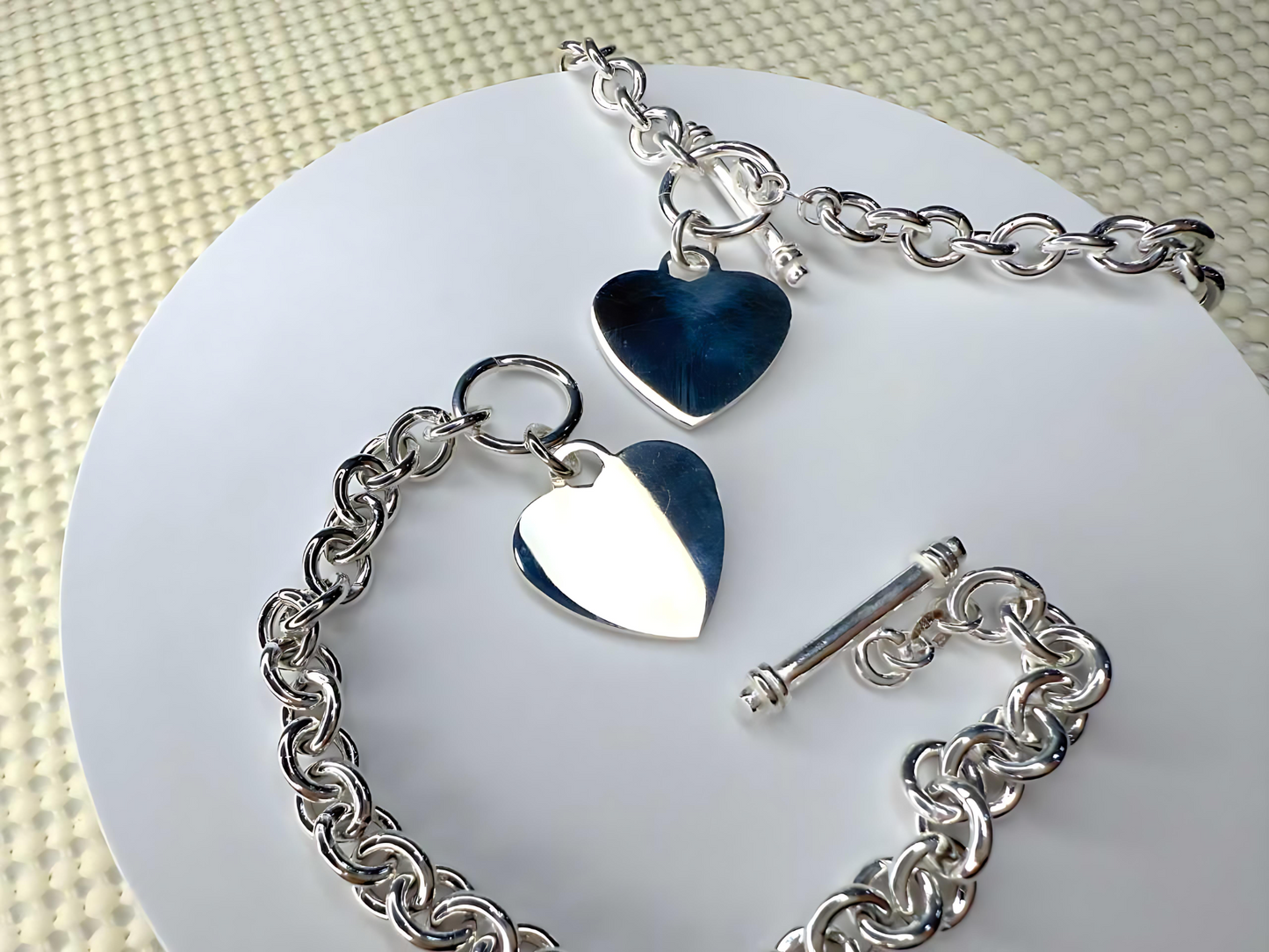925 Sterling Silver 7.5mm Hollow Oval Links Bracelet Necklace with Heart Tag