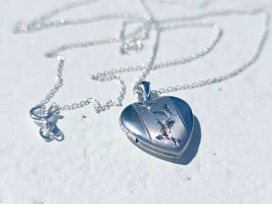 925 Sterling Silver 5/8inches Heart Locket Pendant with Butterfly Patterns