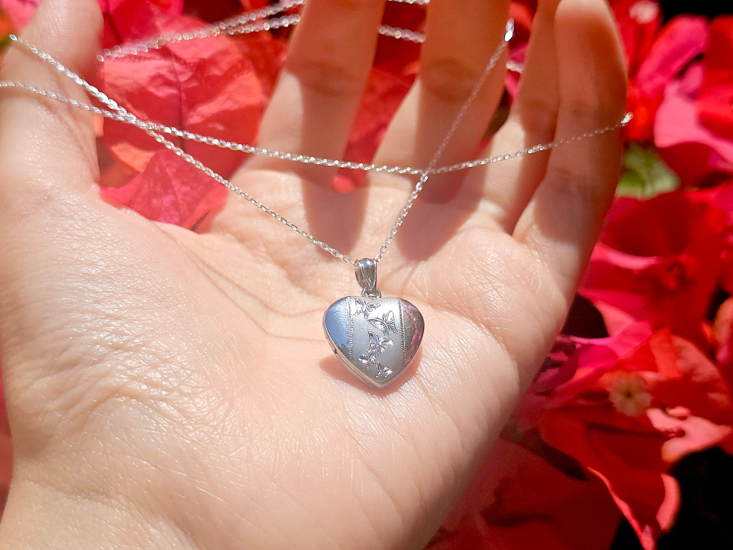 925 Sterling Silver 5/8inches Heart Locket Pendant with Butterfly Patterns