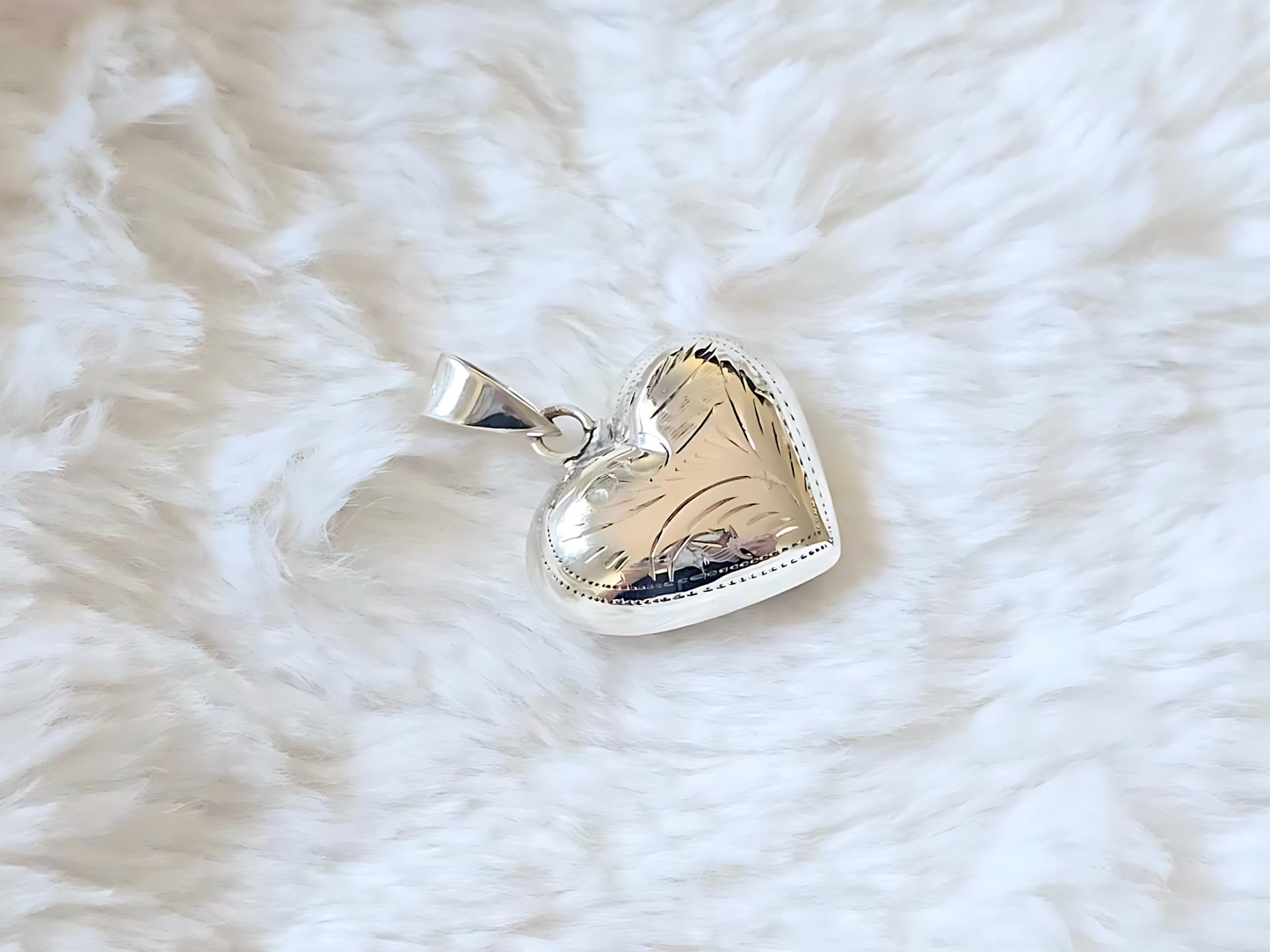 925 Sterling Silver 1" Hollow Puffed Heart with Engravings Pendant Necklace