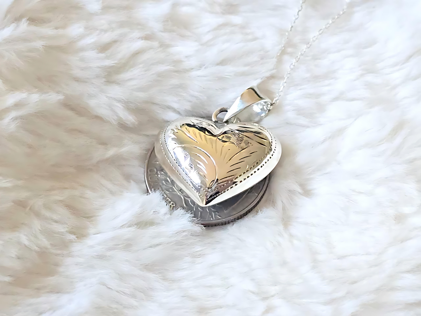 925 Sterling Silver 1" Hollow Puffed Heart with Engravings Pendant Necklace