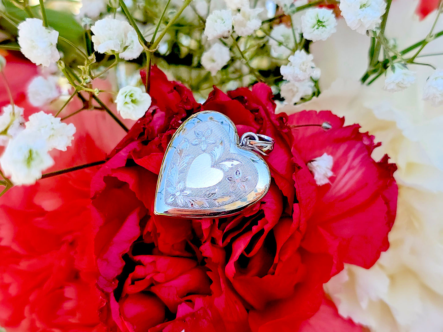 925 Sterling Silver 3/4inches Heart Locket Pendant with Floral Engravings