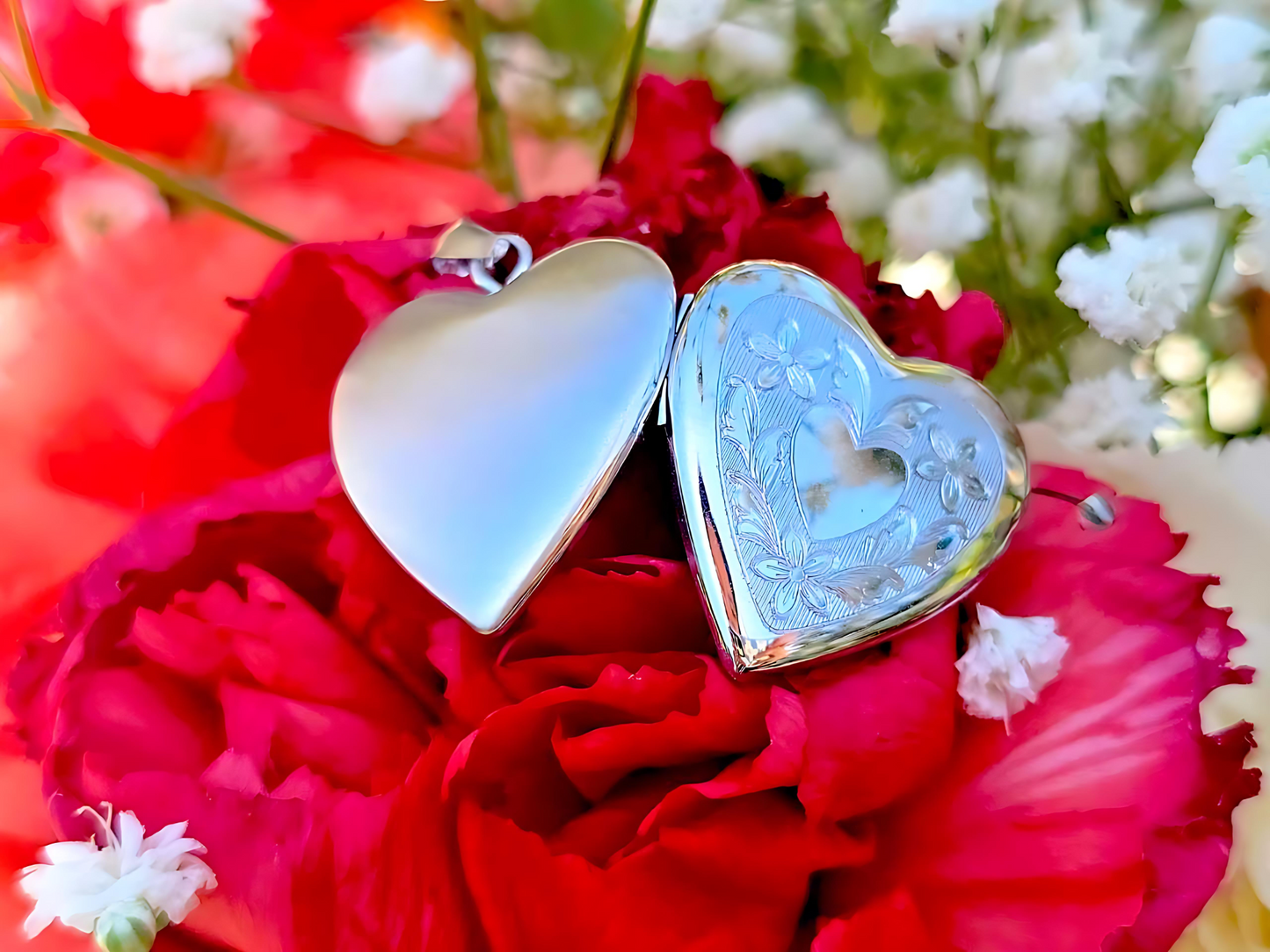 925 Sterling Silver 3/4inches Heart Locket Pendant with Floral Engravings