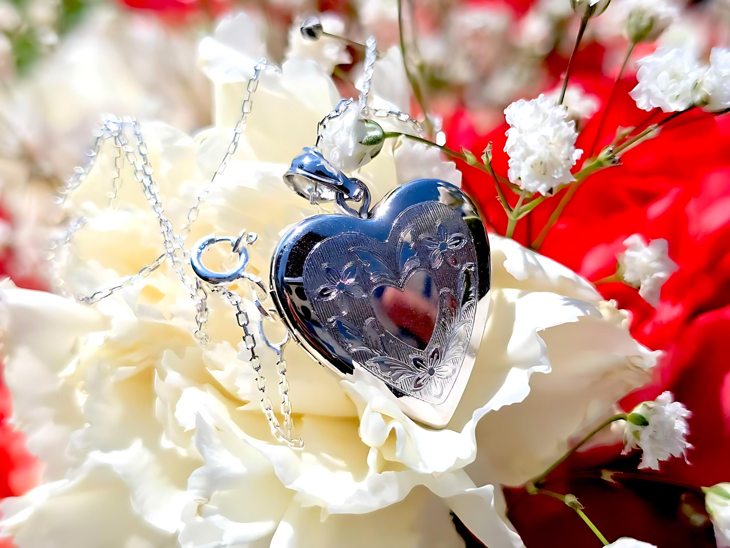925 Sterling Silver 3/4inches Heart Locket Pendant with Floral Engravings
