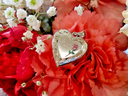 925 Sterling Silver 3/4inches Heart Locket Pendant for Mom with a Red Rose