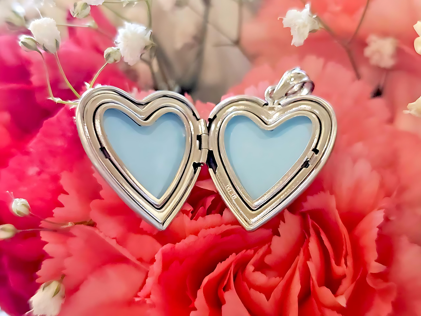 925 Sterling Silver 3/4inches Heart Locket Pendant for Mom with a Red Rose
