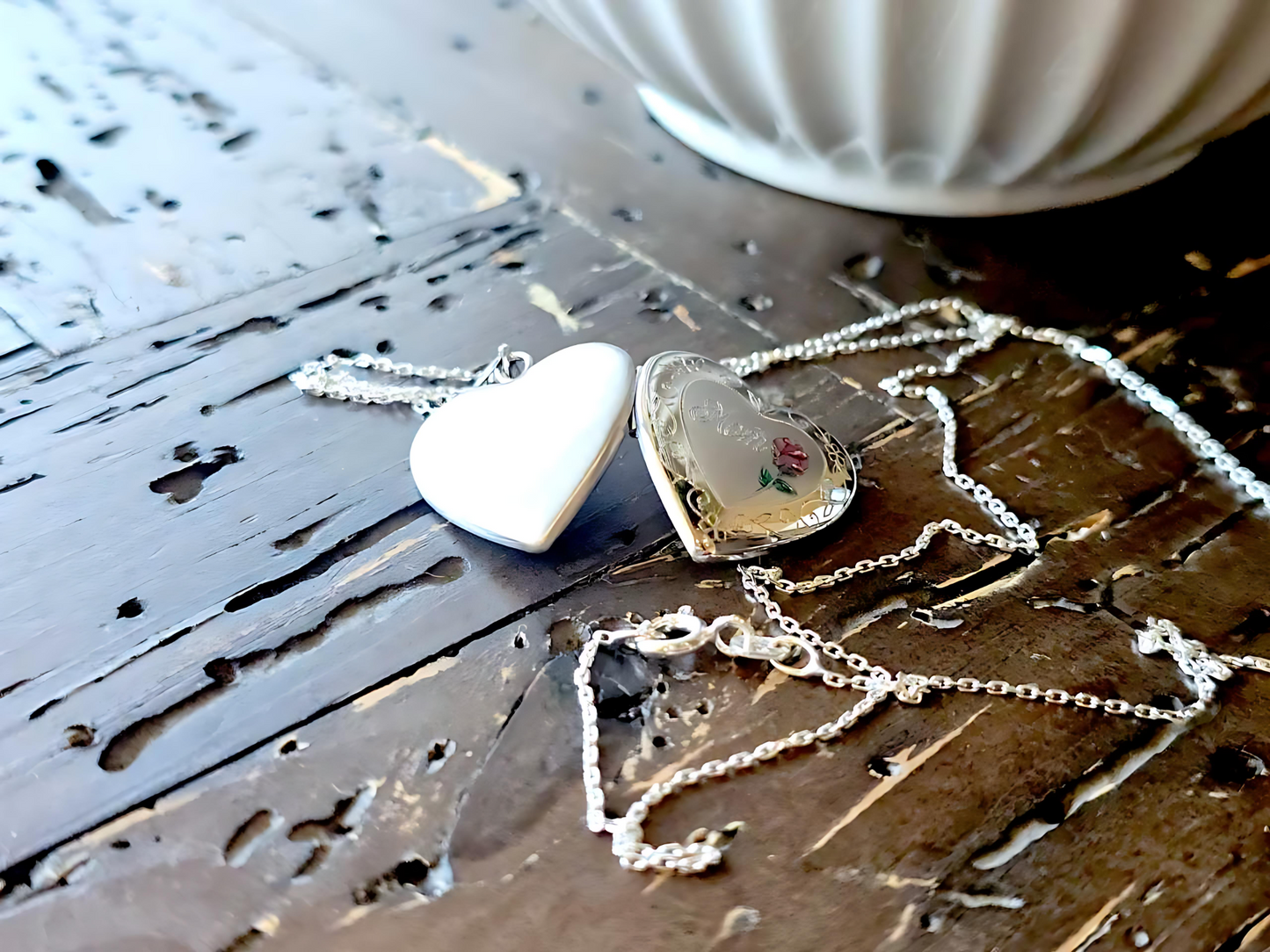 925 Sterling Silver 3/4inches Heart Locket Pendant for Mom with a Red Rose